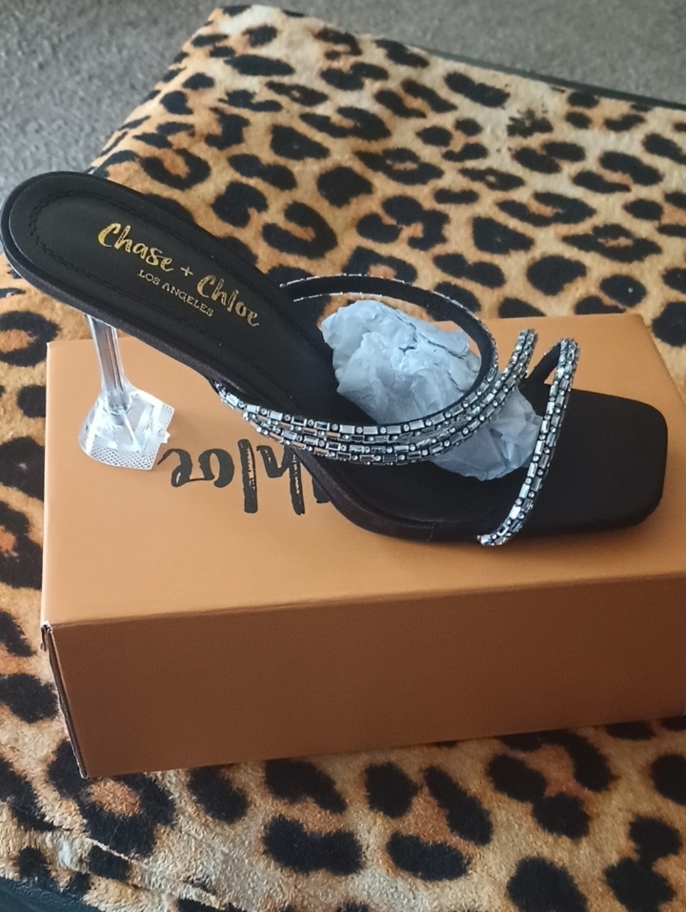 Black Jeweled Clear-Heel Slide Sandals